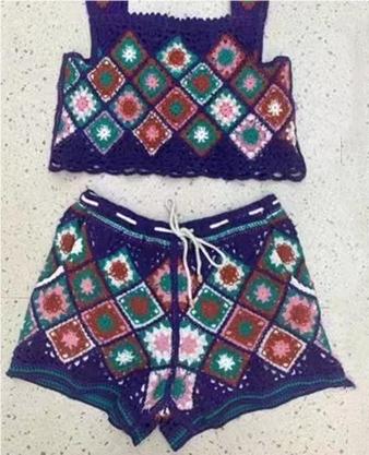 Fashion Suit Embroidered Lattice Top High Waist Embroidered Shorts Two Piece Set