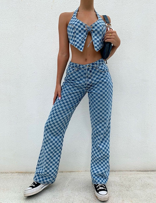 Sexy Denim Halter Vest Irregular Asymmetric Lace Up Plaid Camisole