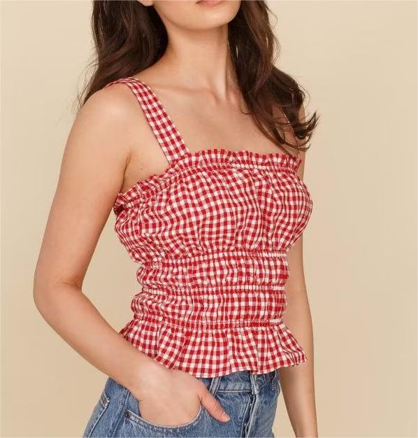 Early Spring French Sweet Ruffled Elastic Pleated Red Small Plaid Wide Brimmed Short Strap
