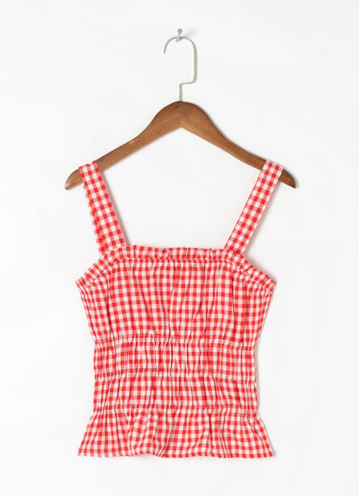 Early Spring French Sweet Ruffled Elastic Pleated Red Small Plaid Wide Brimmed Short Strap