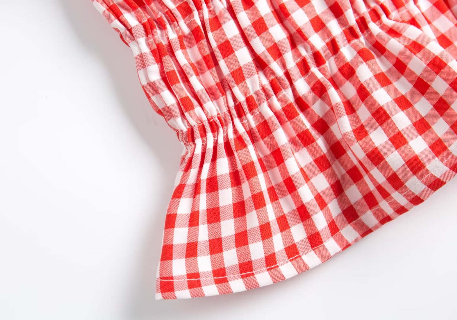 Early Spring French Sweet Ruffled Elastic Pleated Red Small Plaid Wide Brimmed Short Strap