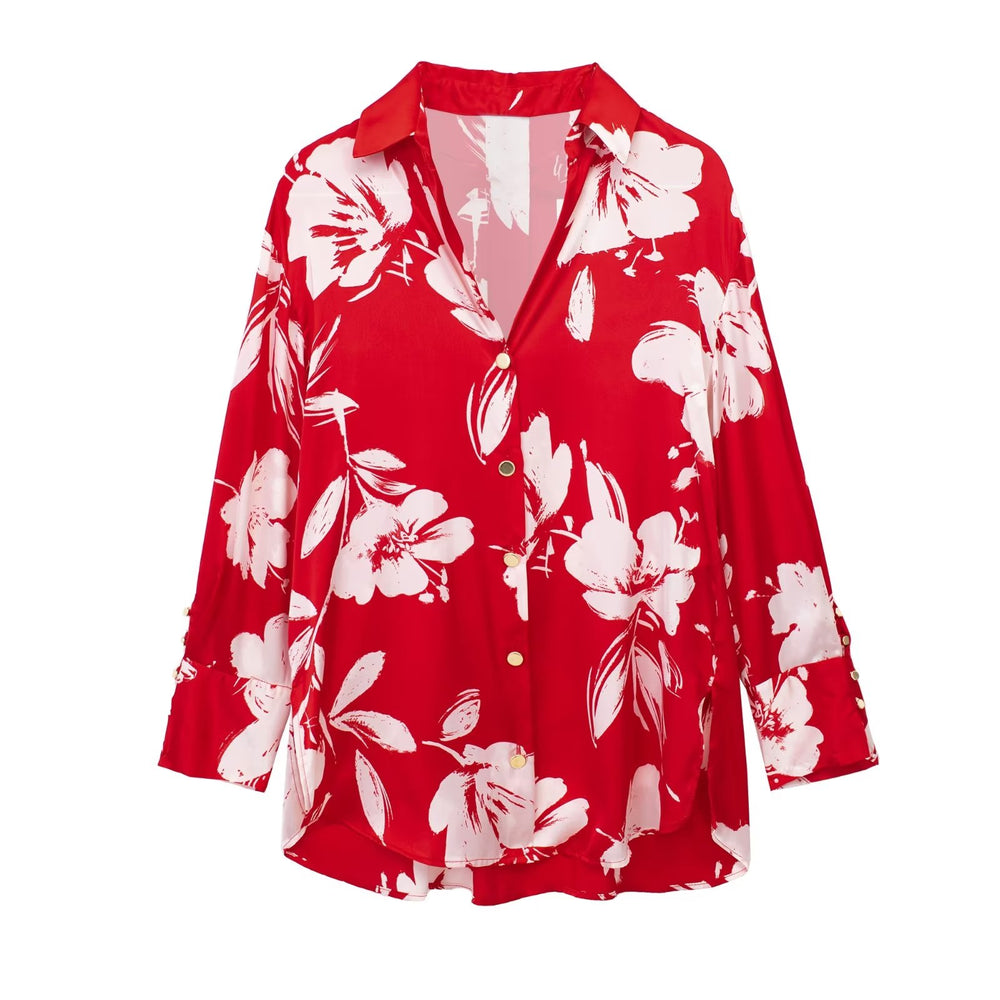 Spring Summer Women Silk Satin Texture Button Decoration Red Floral Print Shirt