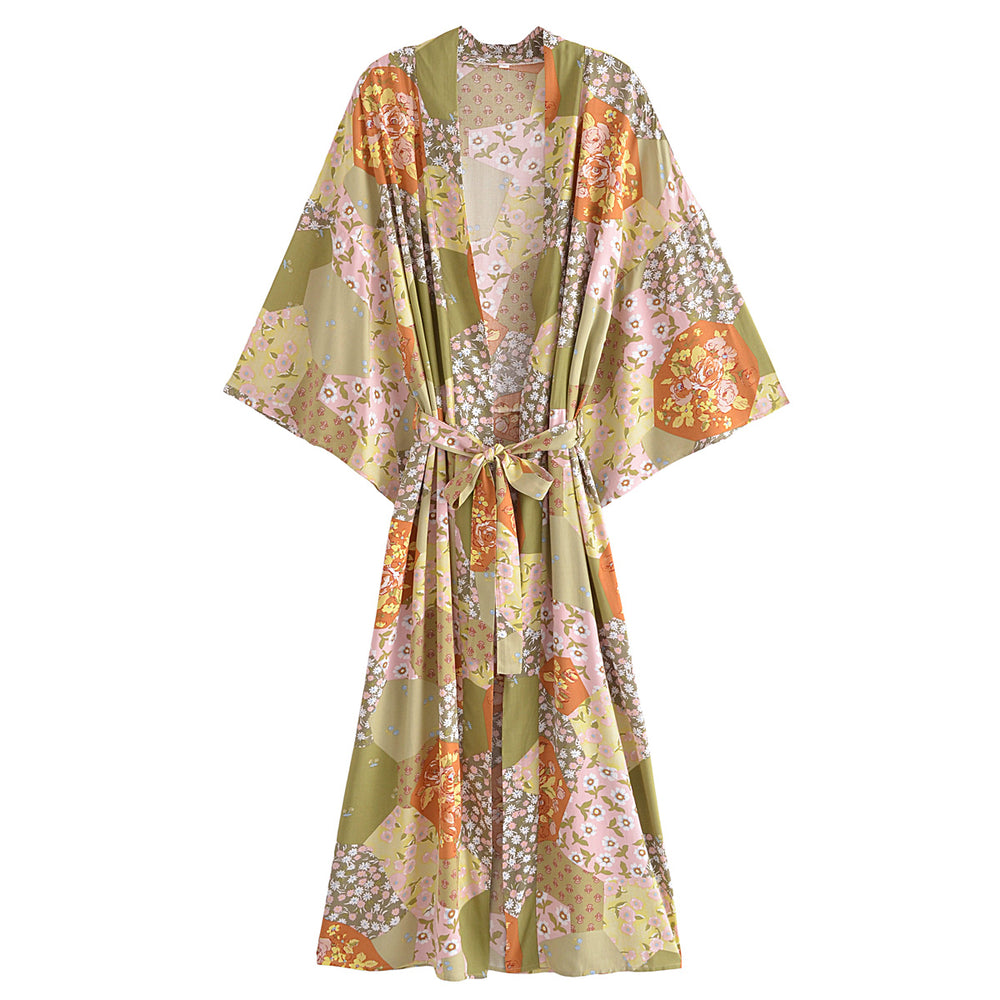 Spring Women Print Loose Lace up Kimono Robe Kimono