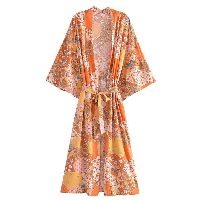 Spring Women Print Loose Lace up Kimono Robe Kimono