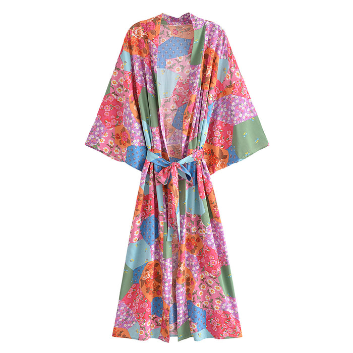 Spring Women Print Loose Lace up Kimono Robe Kimono