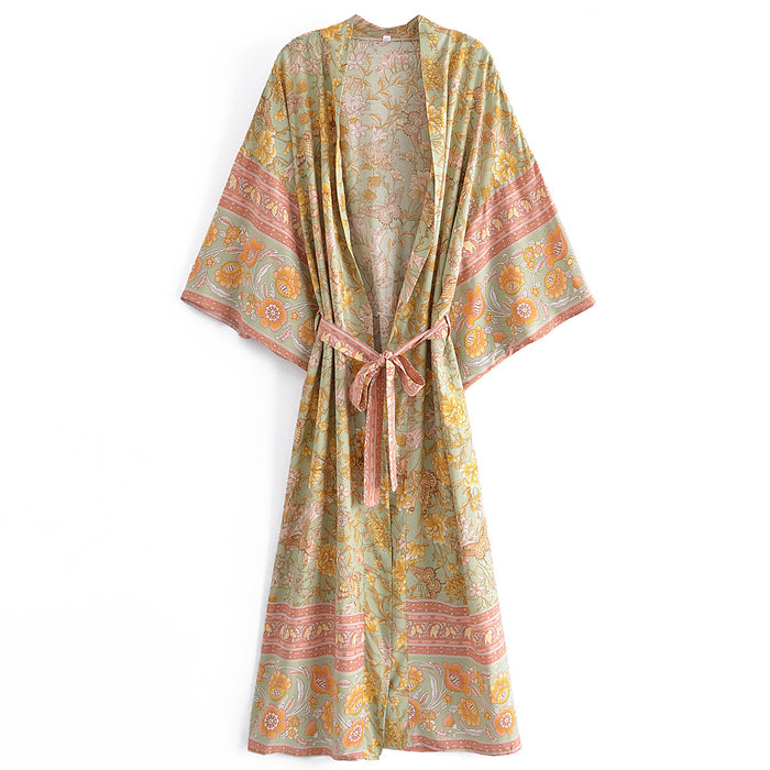 Spring Women Rayon Positioning Floral Belt Long Kimono Cardigan Kimono