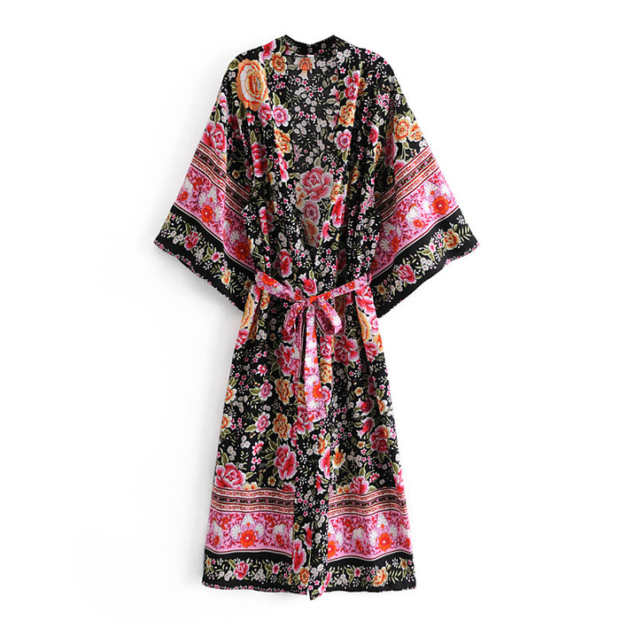 Spring Hipster Women V neck Regular Dress Kimono