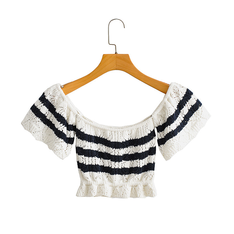 Spring Women Jacquard Hollow Out Cutout off Shoulder Sexy Knitted Top