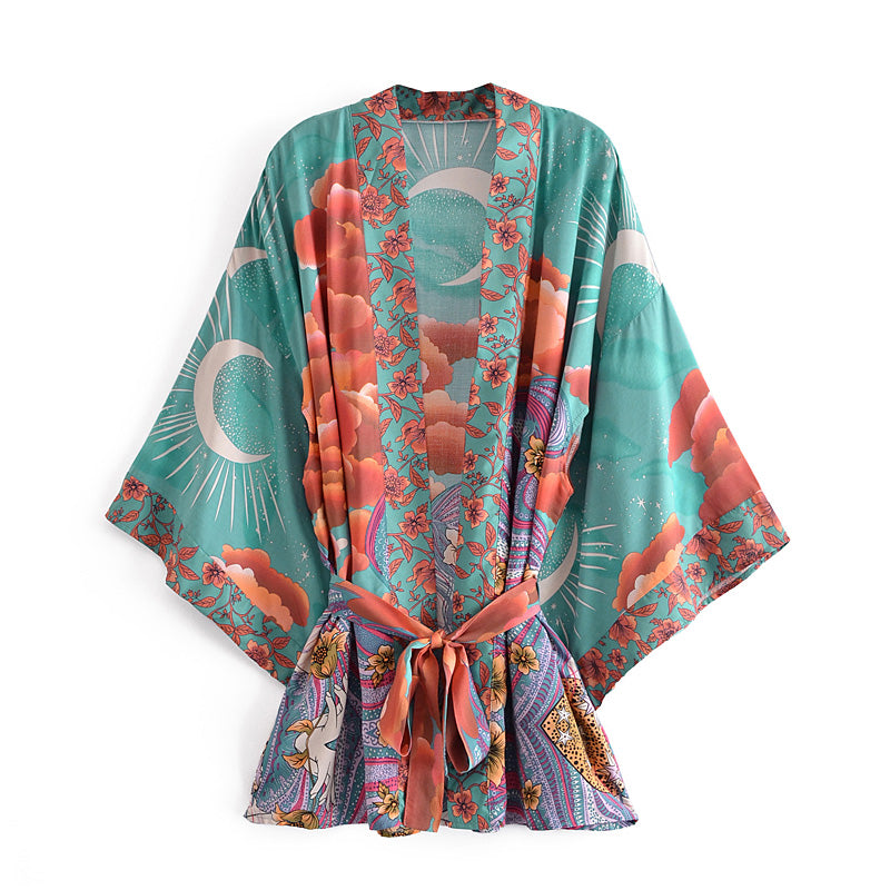 Spring Women Positioning Floral Belt Moon Kimono