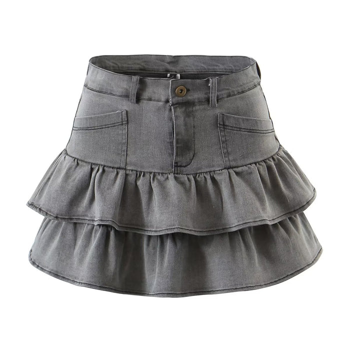 Summer Sexy High Waist Denim Skirt Retro Design Wooden Ear Puffy Cake A line Miniskirt