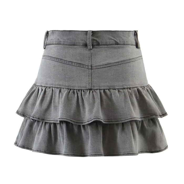 Summer Sexy High Waist Denim Skirt Retro Design Wooden Ear Puffy Cake A line Miniskirt