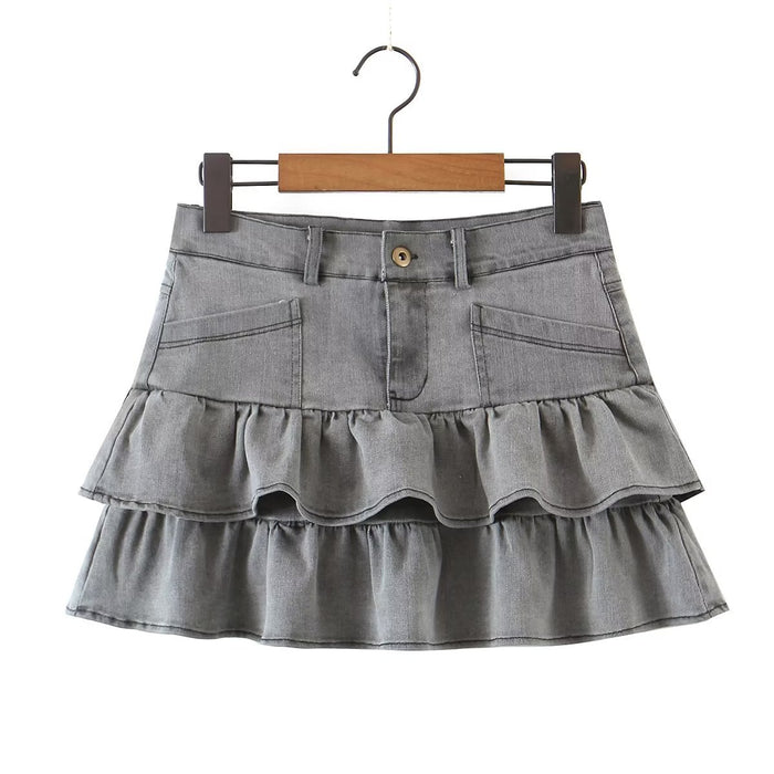 Summer Sexy High Waist Denim Skirt Retro Design Wooden Ear Puffy Cake A line Miniskirt