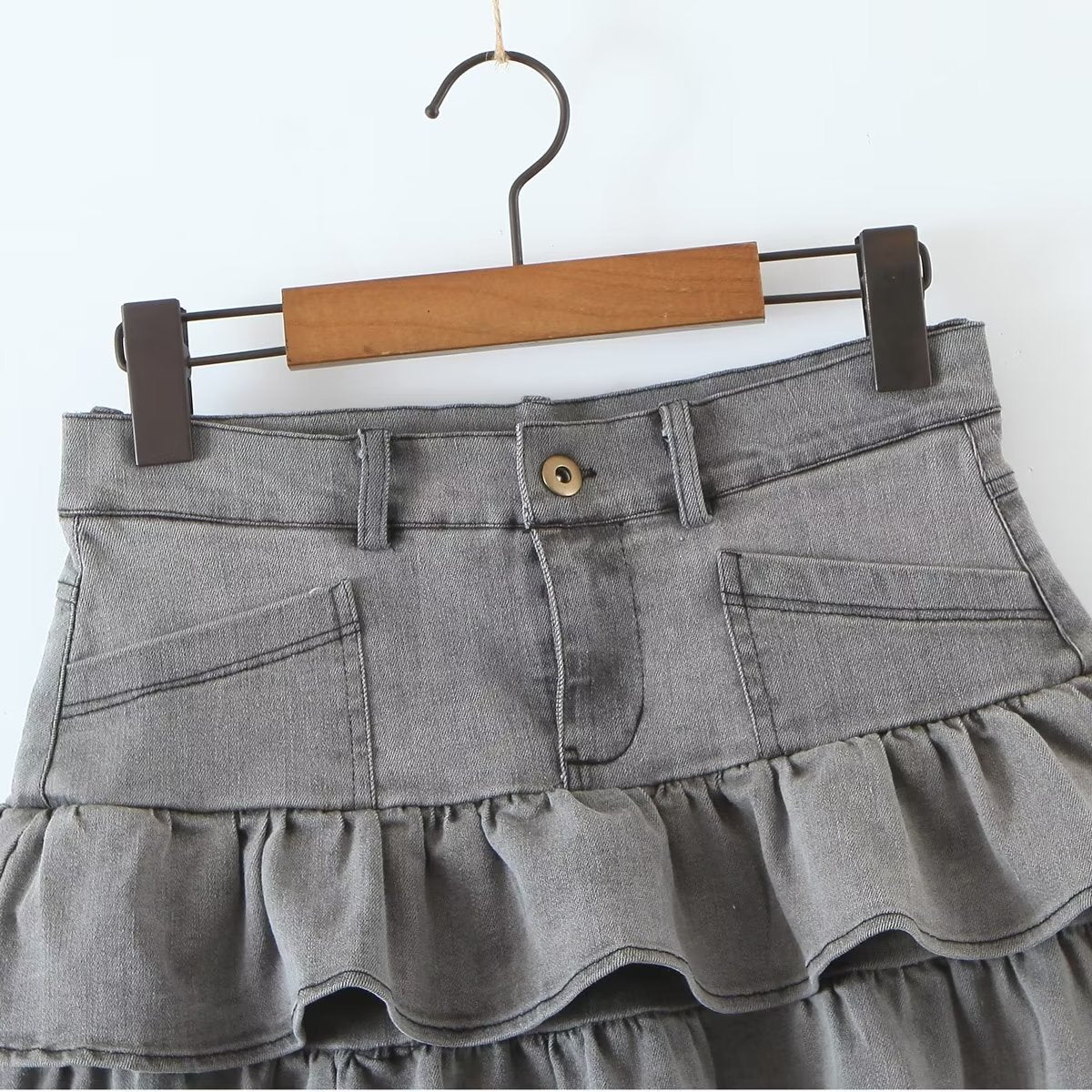 Summer Sexy High Waist Denim Skirt Retro Design Wooden Ear Puffy Cake A line Miniskirt