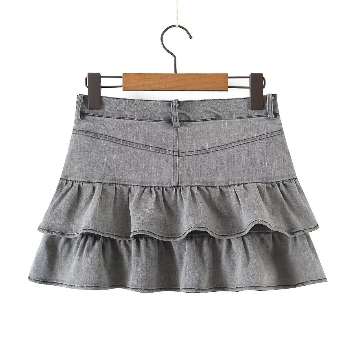 Summer Sexy High Waist Denim Skirt Retro Design Wooden Ear Puffy Cake A line Miniskirt