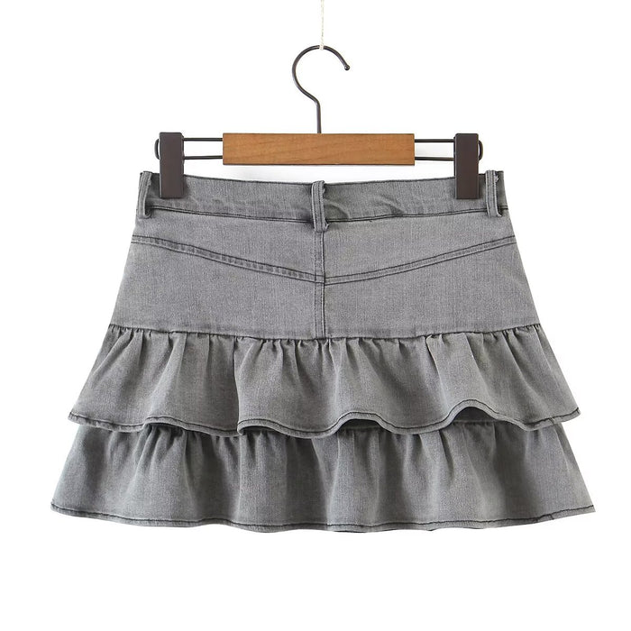 Summer Sexy High Waist Denim Skirt Retro Design Wooden Ear Puffy Cake A line Miniskirt