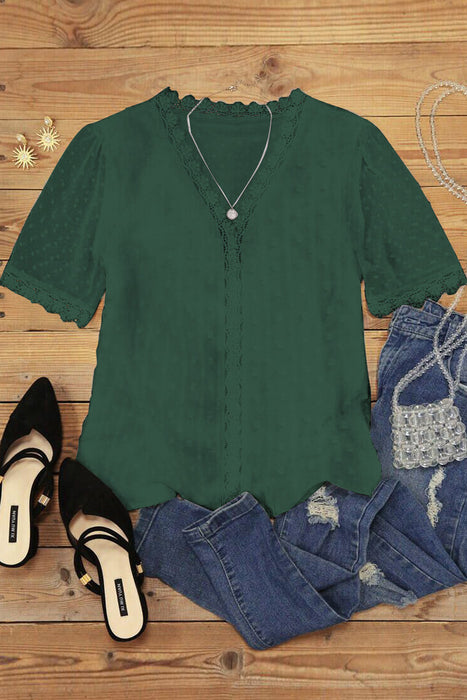 Green Lace Splicing V Neck Swiss Dot Short Sleeve Top