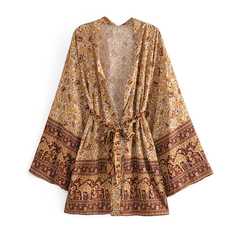 Exclusive Printed Totem Cardigan Loose Sleeves Short Kimono Dress Kimono