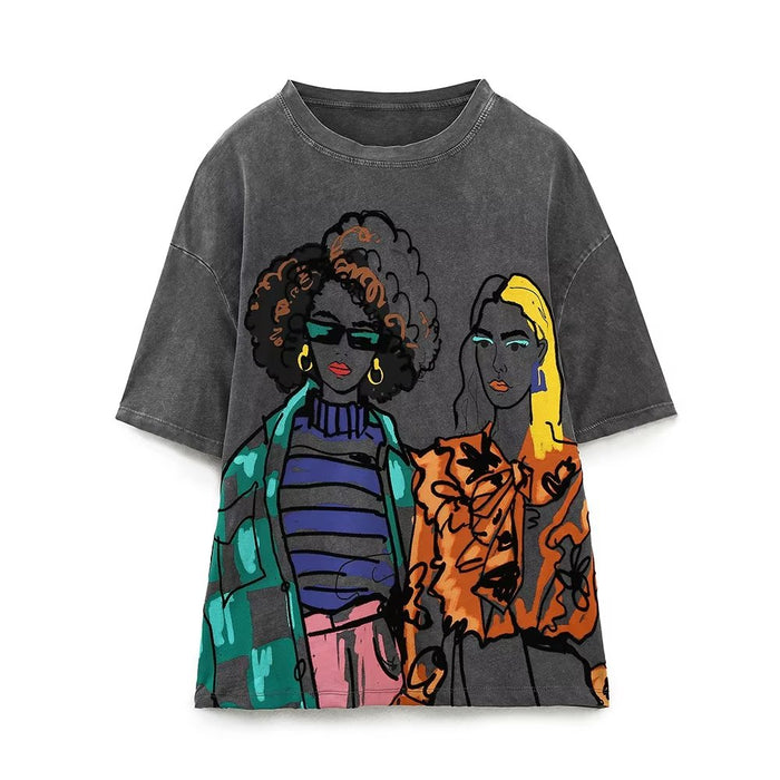 Autumn Winter Loose All Matching Girl Printed Pattern Round Neck Short Sleeve T Shirt