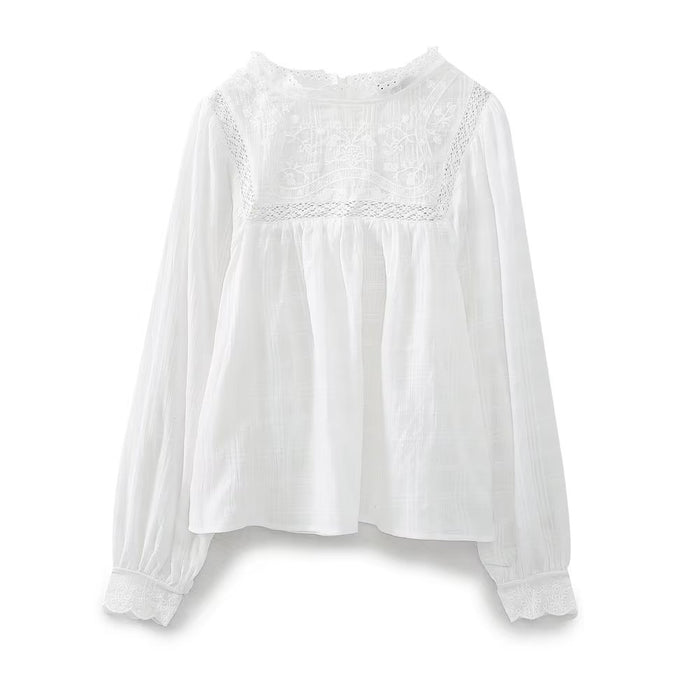 Spring Women White Lace Collar Hollow Out Cutout Embroidered Shirt Top