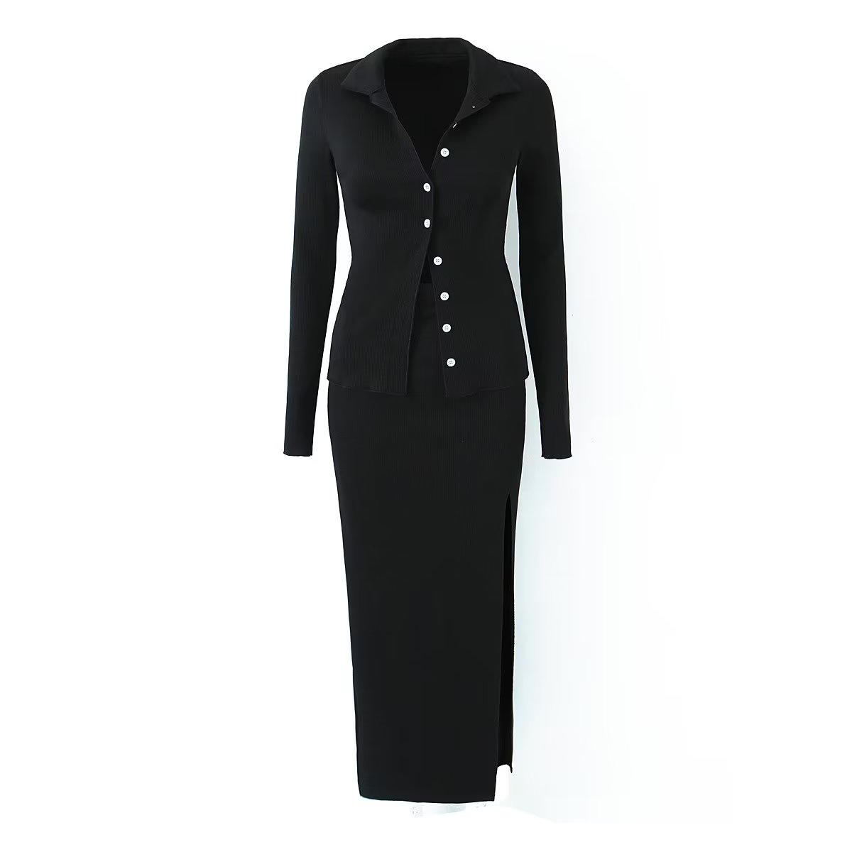 Spring Long Sleeve Collared Single Breasted Knitted Cardigan Sexy Slit Sheath Sexy Skirt Set