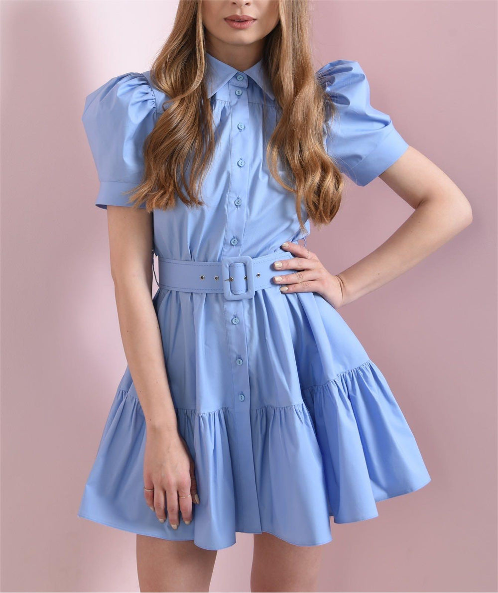 Summer French Minority Design Waist Slimming High Grade Blue Polo Collar Shirt Dress for Women