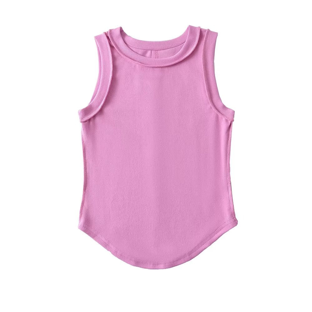 Round Neck Multi Color Reverse Line Design Sleeveless Vest Basic Solid Color All Matching Short Slim Bottoming Curved Top