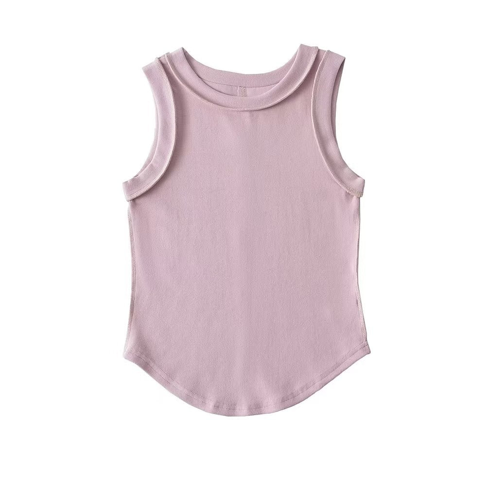 Round Neck Multi Color Reverse Line Design Sleeveless Vest Basic Solid Color All Matching Short Slim Bottoming Curved Top