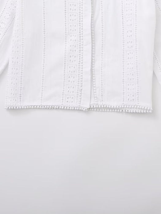 Summer Women White round Neck Long Sleeve Hollow Out Cutout Embroidery Tassel Hem Shirt