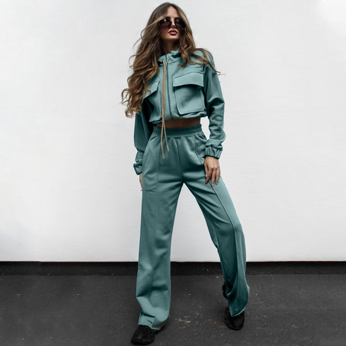 Autumn Winter Solid Color Zipper Double Bag Drawstring Long Sleeve Top Casual Trousers Suit Women