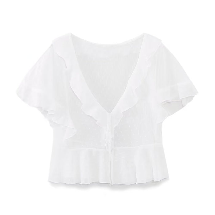 Summer Wind Women V neck Laminated Decoration Tulle Shirt