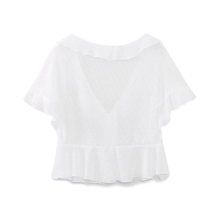 Summer Wind Women V neck Laminated Decoration Tulle Shirt