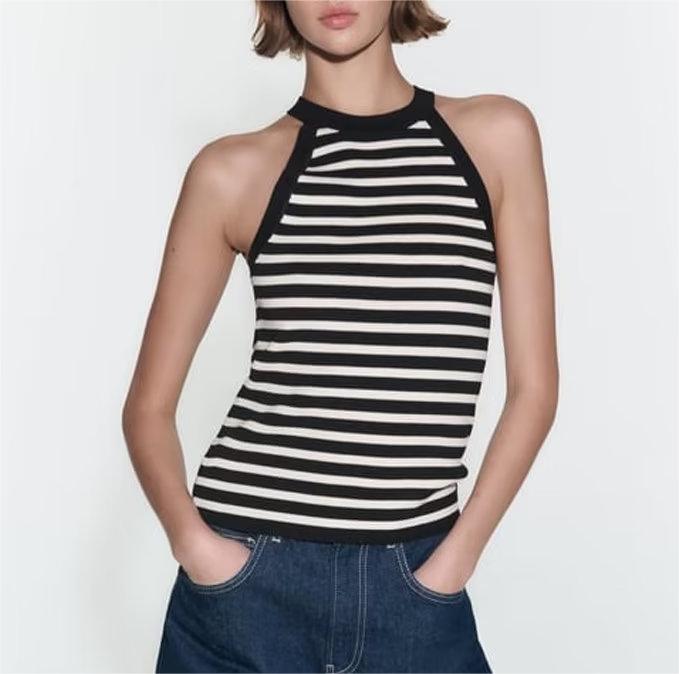 Early Spring Fashionable Pairs of C Embroidered Black White Striped Mixed Color Hem Irregular Asymmetric Design Round Neck Knitted Vest