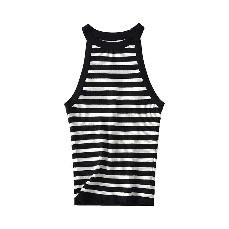 Early Spring Fashionable Pairs of C Embroidered Black White Striped Mixed Color Hem Irregular Asymmetric Design Round Neck Knitted Vest