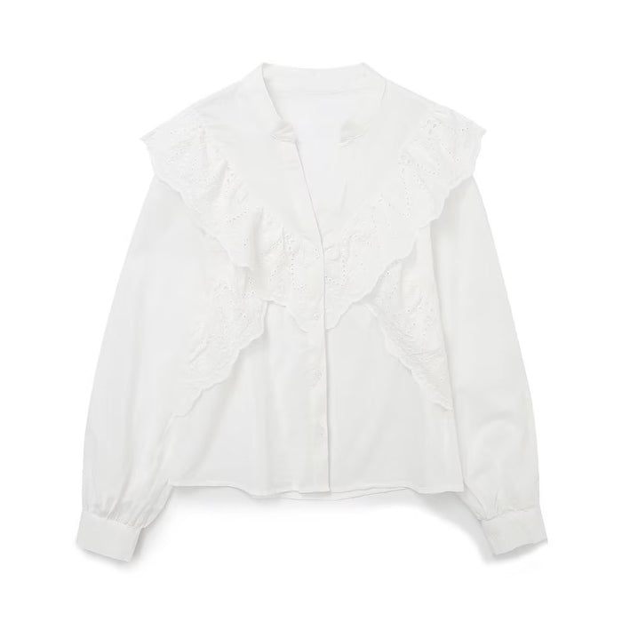 Summer Women White Ruffled Laminated Decoration Shirt Top