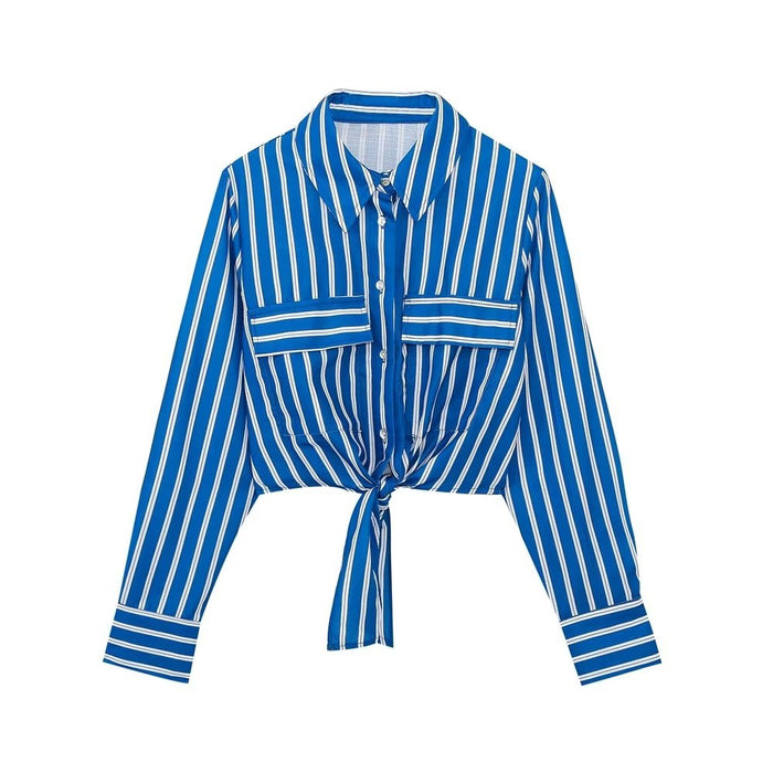 Summer Wind Women Long Sleeve Bow Tie Striped Shirt