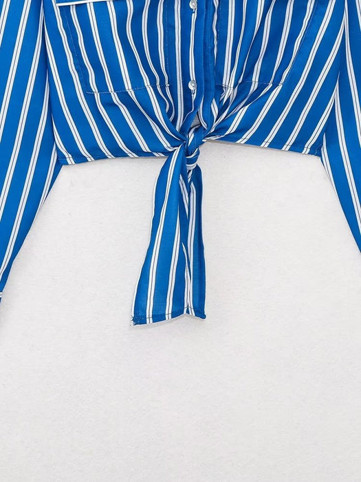 Summer Wind Women Long Sleeve Bow Tie Striped Shirt