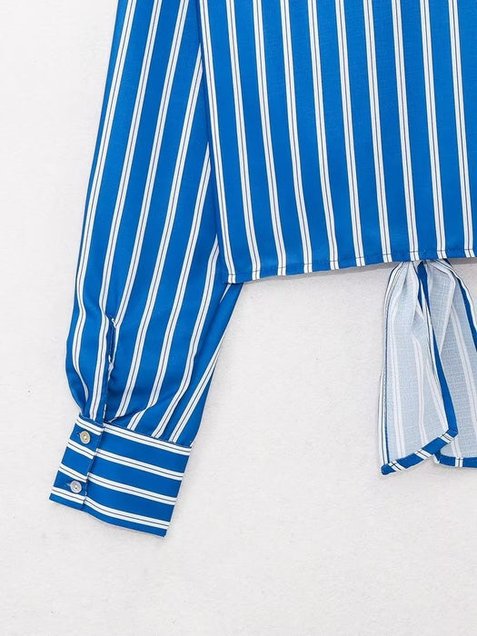 Summer Wind Women Long Sleeve Bow Tie Striped Shirt