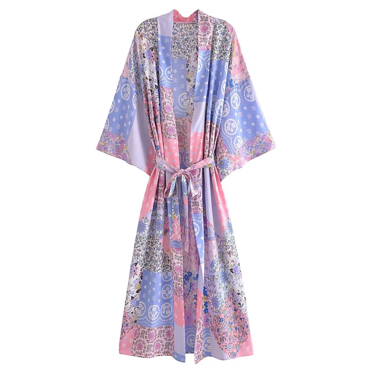 Bohemian Spring Vacation Women Turquoise Positioning Printing Lace up Rayon Kimono Women Kimono
