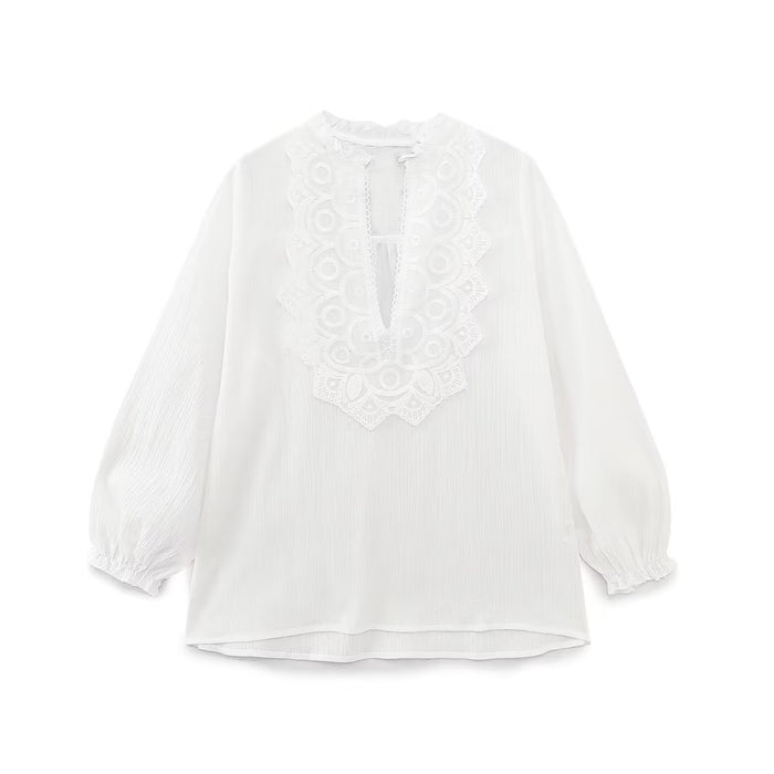 Spring Long Loose Casual Chest Embossed Lace Decorative Shirt