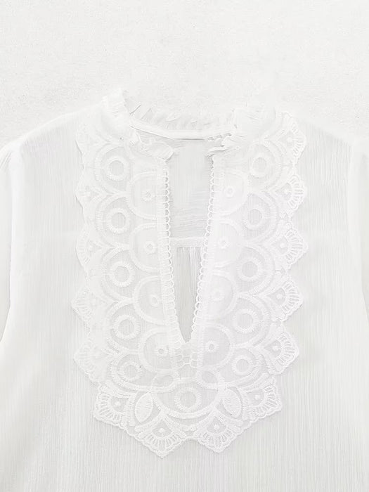 Spring Long Loose Casual Chest Embossed Lace Decorative Shirt