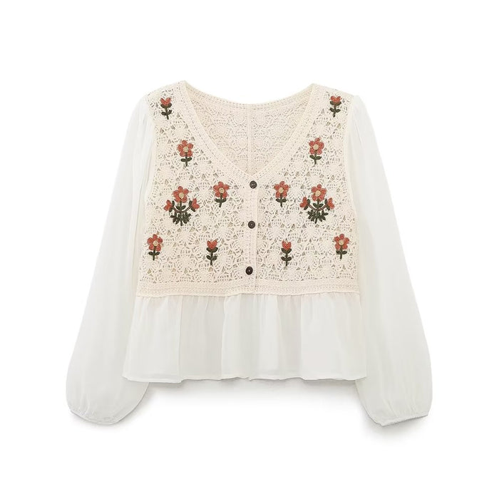 Spring Autumn French Retro Elegant Crocheted Hollow Out Cutout out Little Daisy Embroidered Loose V neck Chiffon Shirt Women Top