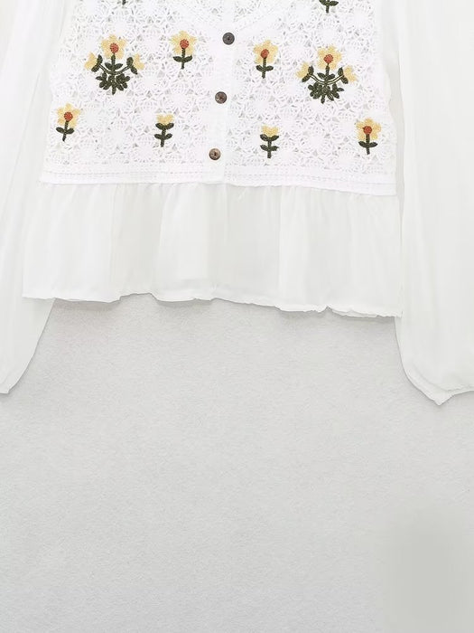 Spring Autumn French Retro Elegant Crocheted Hollow Out Cutout out Little Daisy Embroidered Loose V neck Chiffon Shirt Women Top