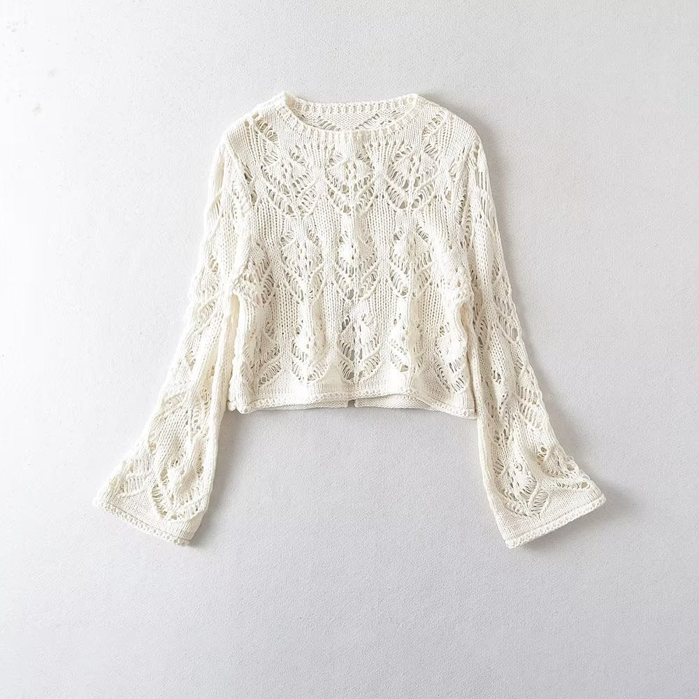 Women Clothing Sexy Hollow Out Cutout Long Sleeved Lace Top