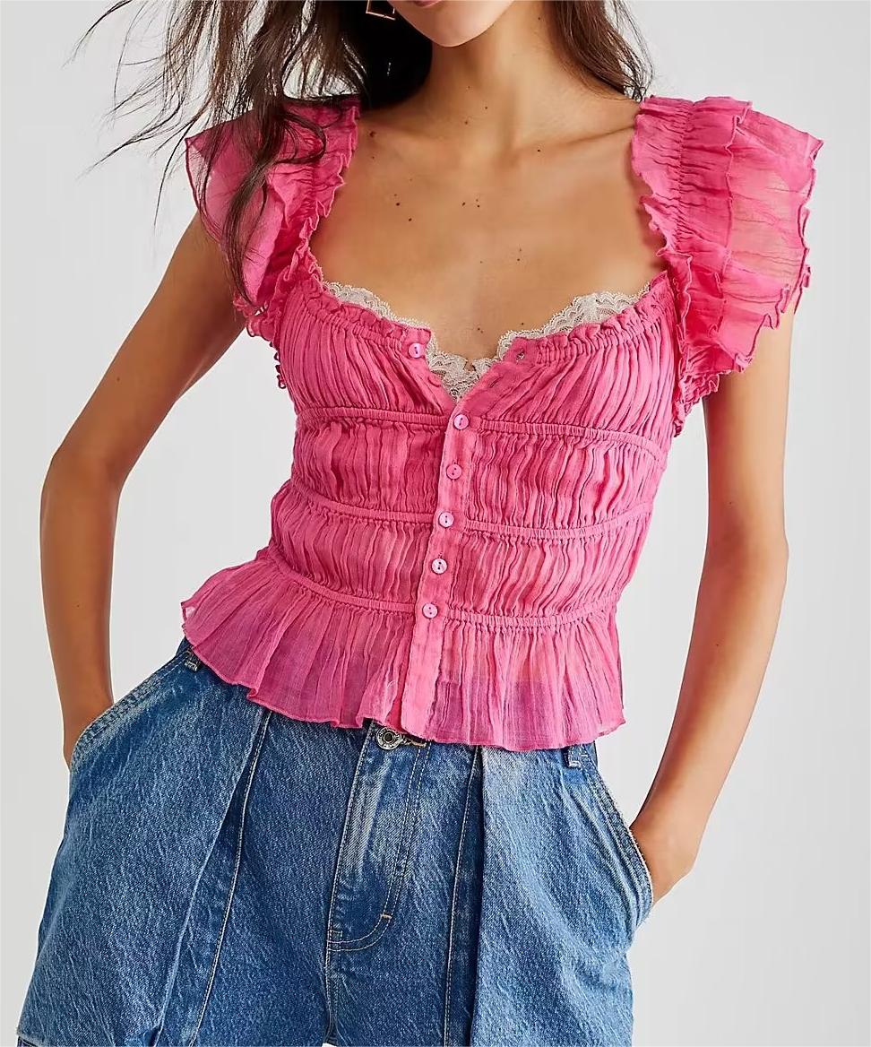 Women Clothing French Pleated Decorative Button Trim Slim Slimming Ruffled Top