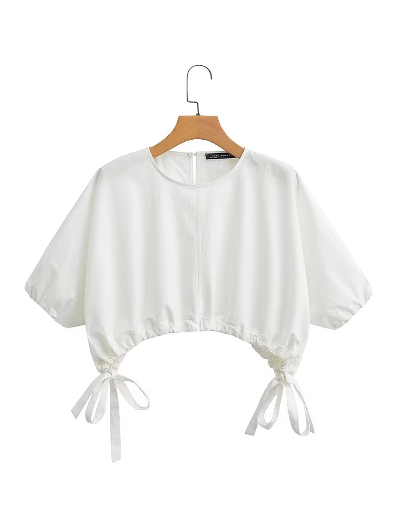 Pleated Shirt Korean Women Clothing Summer Bow Pullover White Short Sleeve