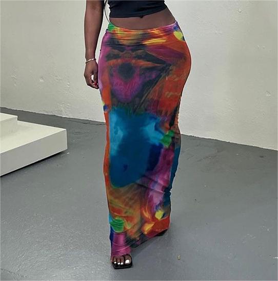 Women Summer Casual Painted Print Bare Cropped Slim Fit Sheath Long Skirt