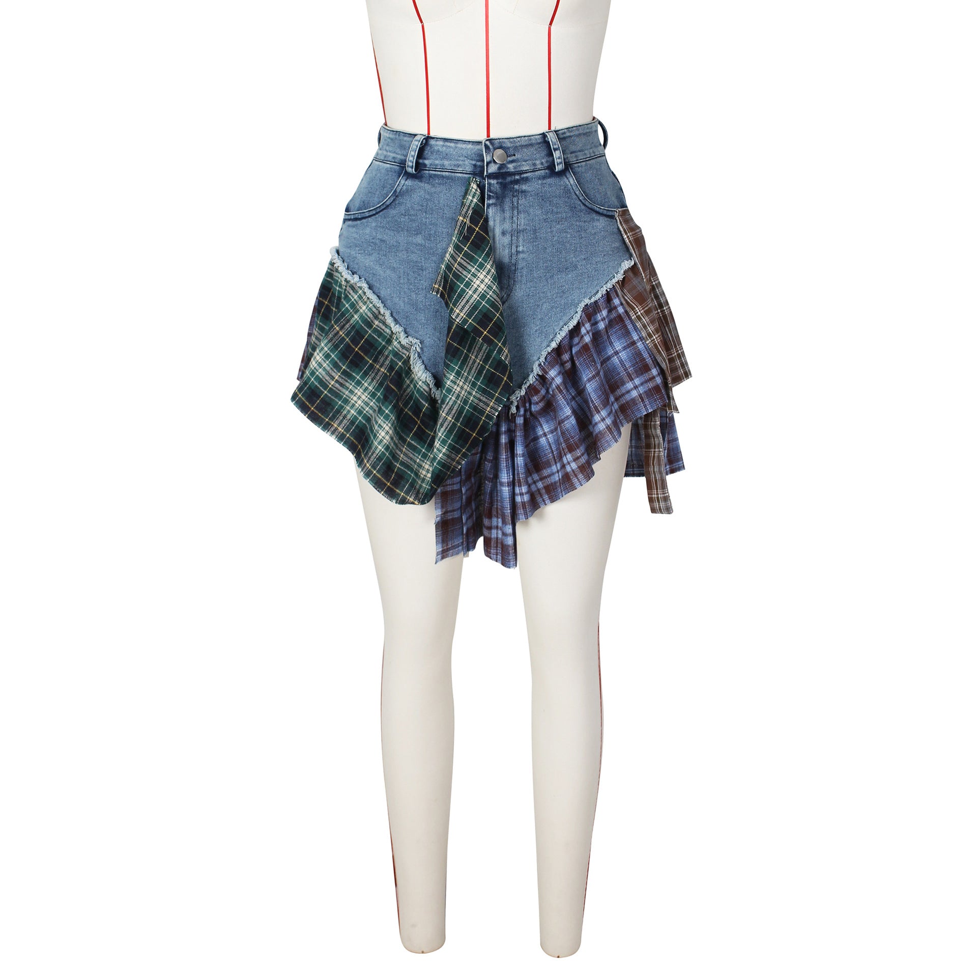 Summer Women Clothing Sexy Irregular Asymmetric Plaid Stitching Denim Skirt