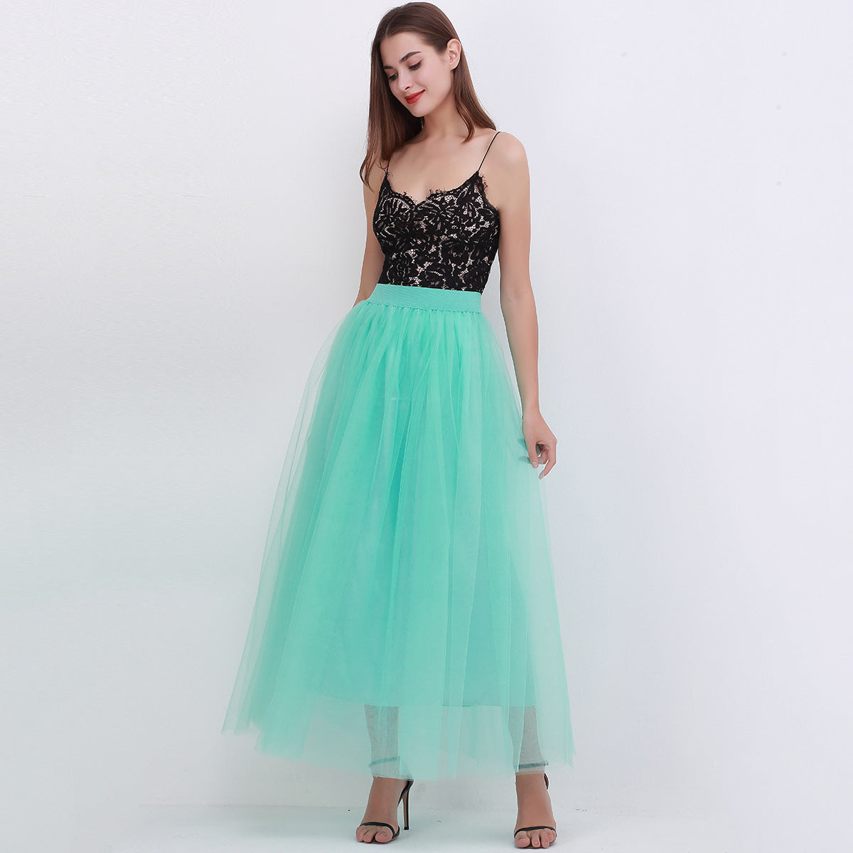 Women 4 Layers 100 Mesh Half-Length Long Skirt Tulle Skirt Gauze Skirt