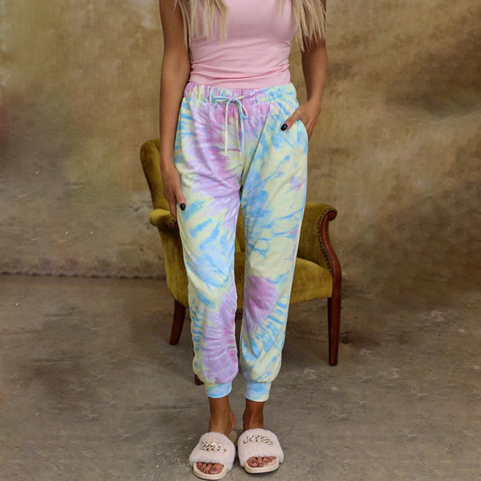 Women Tie Dyed Printed Loose Leggings With Mid Waist Lace Up Casual Pants