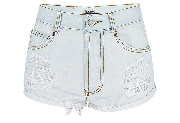 Women Clothing Casual High Waist Sexy Water Washed Hole Fringe Hemming Denim Shorts Beach Pants